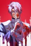  1boy absurdres alma_(yumekuro) asymmetrical_hair blood blood_on_clothes blood_on_face blood_on_hands cassock finger_to_mouth gloves hair_between_eyes haruakira highres long_hair long_sleeves male_focus parted_lips pink_hair priest red_background shushing solo stole upper_body white_gloves yume_shokuin_to_wasureji_no_kuroi_yousei 