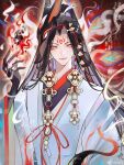  1boy absurdres animal_ears arm_up black_hair facial_mark fire forehead_mark fox_boy fox_mask hair_ornament high_ponytail highres japanese_clothes kimono long_hair long_sleeves looking_at_viewer male_focus mask onmyoji red_nails smile solo tamamo_no_mae_(onmyoji) upper_body weibo_7799103142 wide_sleeves yellow_eyes 