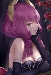  1girl asle aura_(sousou_no_frieren) black_gloves blue_eyes braid breasts cleavage demon_girl demon_horns elbow_gloves flower gloves gold_necklace highres horns jewelry long_hair looking_at_viewer looking_to_the_side low-braided_long_hair medium_breasts multiple_braids necklace purple_hair red_flower simple_background smile solo sousou_no_frieren upper_body 