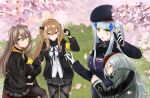  404_(girls&#039;_frontline) 404_logo_(girls&#039;_frontline) 4girls armband artist_request beret cherry_blossoms g11_(girls&#039;_frontline) girls&#039;_frontline hanami hat highres hk416_(girls&#039;_frontline) hug long_hair multiple_girls petals siblings side_ponytail sisters sleepy third-party_source twintails ump45_(girls&#039;_frontline) ump9_(girls&#039;_frontline) yellow_armband 