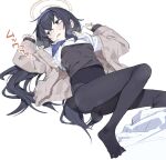  1girl bags_under_eyes black_hair black_panties black_pantyhose black_sweater blue_archive blue_hairband blue_neckerchief blush cardigan covered_nipples feet foot_out_of_frame grey_eyes hairband halo highres legs littleminimamut long_hair low_twintails lying neckerchief no_shoes on_back open_cardigan open_clothes panties panties_over_pantyhose pantyhose sailor_collar school_uniform serafuku shirt shirt_rolled_up simple_background skirt skirt_around_one_leg sleeves_past_wrists solo spread_toes steaming_body sweat sweater toes twintails ui_(blue_archive) underwear very_long_hair white_background white_sailor_collar white_shirt 