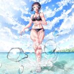  1girl alternate_costume bare_shoulders barefoot beach bikini black_bikini black_nails blue_sky blurry blurry_foreground breasts cloud cloudy_sky collarbone commentary day english_commentary eyelashes feet foreshortening full_body green_eyes highres legs lens_flare looking_at_viewer marie_(persona_4) mastersickart medium_breasts medium_hair nail_polish navel outdoors persona persona_4 persona_4_the_golden shadow side-tie_bikini_bottom sky soles solo spread_toes standing standing_on_one_leg swimsuit thighs toenail_polish toenails toes twitter_logo twitter_username water 