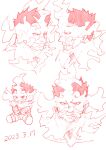  1boy :/ beard boku_no_hero_academia chibi chibi_inset dated endeavor_(boku_no_hero_academia) facial_hair fiery_hair frown highres male_focus mature_male monochrome multiple_views red_theme scar scar_across_eye short_hair sitting spiked_hair stubble zrsyrxmd3lvo0zo 