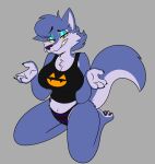  2023 3_claws 3_toes 4_claws 4_fingers absurd_res anthro belly_tuft big_breasts biped black_claws black_clothing black_eyebrows black_eyelashes black_panties black_pawpads black_pupils black_shirt black_tank_top black_topwear black_underwear blue_body blue_countershading blue_eyeshadow blue_fur blue_hair blue_inner_ear blue_tuft bottomwear breasts butt_tuft canid canine canis cheek_tuft chest_tuft claws cleavage clothed clothing colored countershade_face countershade_feet countershade_fur countershade_hands countershade_tail countershade_torso countershading digital_drawing_(artwork) digital_media_(artwork) eyebrow_through_hair eyebrows eyelashes eyeshadow facial_tuft feet female female_anthro finger_claws fingers foot_tuft front_view full-length_portrait fur gesture glistening glistening_eyelids glistening_eyes grey_background hair halloween head_tilt heel_tuft hi_res hindpaw holidays jack-o&#039;-lantern_print kabula_(artist) kneeling looking_at_viewer makeup mammal palms panties partially_clothed partially_clothed_anthro partially_clothed_female pattern_bottomwear pattern_clothing pattern_panties pattern_underwear pawpads paws portrait prick_ears pupils purple_clothing purple_eyes purple_nose purple_panties purple_underwear raised_eyebrow sharp_teeth shirt shoulder_tuft shrug simple_background smile solo striped_bottomwear striped_clothing striped_panties striped_underwear stripes tail tank_top teeth three-quarter_view toe_claws toes topwear translucent translucent_hair tuft underwear wolf yellow_sclera 