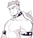  1boy bara bowser bracelet collar dragon_boy dragon_horns fang forked_eyebrows from_side highres horns huge_eyebrows humanization jewelry large_pectorals looking_at_viewer male_focus mario_(series) mature_male monochrome muscular muscular_male nipples nude pectorals pointy_ears short_hair skin_fang solo spiked_bracelet spikes undercut yowasabimechaoc 