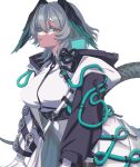  1girl :p angellyuna arknights black_collar breasts collar cowboy_shot dress forked_tongue green_eyes grey_hair hair_between_eyes head_wings ho&#039;olheyak_(arknights) infection_monitor_(arknights) large_breasts long_sleeves medium_hair snake_tail solo tail tongue tongue_out upper_body white_dress wings 