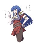  1girl :d =3 absurdres armor belt belt_buckle blue_hair breastplate brown_belt brown_pantyhose buckle caeda_(fire_emblem) commentary cropped_legs dress elbow_gloves fingerless_gloves fire_emblem fire_emblem:_mystery_of_the_emblem gloves hand_on_own_hip hand_up highres index_finger_raised long_hair multiple_belts open_mouth pantyhose pegasus_knight_uniform_(fire_emblem) powerhamuhamu red_dress short_dress shoulder_armor side_slit simple_background smile solo straight_hair translation_request v-shaped_eyebrows white_armor white_background white_gloves 