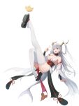  1girl absurdres arm_warmers azur_lane bare_shoulders bird black_footwear breasts chick cleavage dragon_girl dragon_horns dragon_tail full_body grey_hair hair_on_horn hand_up highres horns japanese_clothes kafeifeifeifeifeifei_jiemo_jun knee_up large_breasts leg_up long_hair looking_at_viewer manjuu_(azur_lane) open_mouth red_eyes revealing_clothes ribbon-trimmed_clothes ribbon-trimmed_thighhighs ribbon_trim shimanto_(azur_lane) simple_background smile tail thighhighs white_background white_hair white_thighhighs 