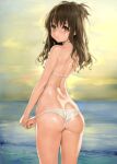  1girl ass bare_shoulders bikini blush breasts brown_eyes brown_hair from_behind ishikei long_hair looking_at_viewer looking_back ocean petite skindentation small_breasts smile solo swimsuit to_love-ru to_love-ru_darkness topknot white_bikini yuuki_mikan 