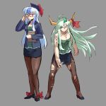  2girls alternate_costume bare_shoulders blue_hair blue_headwear blue_jacket book breasts dual_persona elf ex-keine extra_ears full_body glasses green_hair highres holding holding_book horn_ornament horn_ribbon horns jacket kaibootsu kamishirasawa_keine long_hair looking_at_viewer multicolored_hair multiple_girls pantyhose pencil_skirt pointy_ears red_eyes ribbon skirt smile torn_clothes torn_pantyhose touhou 