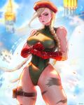  blonde_hair blue_eyes braid breasts cammy_white gloves green_leotard highres leotard looking_at_viewer mcdobo muscular muscular_female narrow_waist red_gloves red_headwear scar scar_on_face street_fighter street_fighter_6 thigh_strap thighs twin_braids 