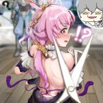  !? 2girls bare_shoulders blush cloud_knight_(honkai:_star_rail) from_side fu_xuan_(honkai:_star_rail) hair_ornament highres holding holding_scissors honkai:_star_rail honkai_(series) long_hair looking_back multiple_girls open_mouth pink_eyes pink_hair rope scissors stelle_(honkai:_star_rail) tiara trailblazer_(honkai:_star_rail) 