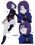  1girl black_leotard blue_cloak cloak colored_skin cremanata dc_comics forehead_jewel gem grey_skin leotard looking_back meme multiple_views pathetic_(meme) purple_eyes purple_hair raven_(dc) red_gemstone short_hair teen_titans 