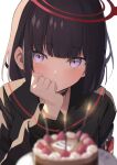  1girl birthday_cake black_choker black_hair black_sailor_collar black_shirt blue_archive blunt_bangs blurry blurry_foreground blush cake candle choker closed_mouth commentary food halo hand_on_own_cheek hand_on_own_face hand_up highres jenna_(jenna0108je) long_sleeves looking_at_viewer mashiro_(blue_archive) medium_hair plate purple_eyes red_armband red_halo sailor_collar shirt simple_background solo upper_body white_background 