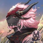  1boy bara beard black_horns cat_boy chibi chibi_inset earrings facial_hair final_fantasy final_fantasy_xiv from_side furry furry_male gradient_sky grey_fur highres horns hrothgar jewelry kuyao looking_at_viewer male_focus mature_male medium_hair multiple_horns pink_eyes pink_hair portrait profile seductive_smile sideways_glance sky smile solo warrior_of_light_(ff14) wind 