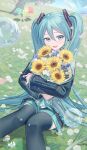  1girl :d absurdres black_skirt black_sleeves black_thighhighs blue_eyes blue_hair blush bouquet day detached_sleeves dot_nose dutch_angle falling_petals feet_out_of_frame field floating flower grass hair_between_eyes hair_ornament hatsune_miku headset highres holding holding_bouquet horizon knees_together_feet_apart long_hair long_sleeves looking_at_viewer miniskirt object_hug open_mouth outdoors petals piano_keys pleated_skirt raised_eyebrows shadow sidelocks skirt smile solo sunflower teeth thighhighs tree twintails upper_teeth_only very_long_hair vocaloid vs0mr white_flower yellow_flower 