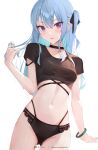  1girl aqua_hair artist_name black_choker black_panties black_ribbon black_shirt blue_eyes blue_hair bracelet breasts character_name choker cowboy_shot crop_top hair_between_eyes hair_ribbon haru_on highres holding holding_hair hololive hoshimachi_suisei jewelry lace long_hair looking_at_viewer navel official_alternate_hair_length official_alternate_hairstyle one_side_up panties parted_lips revision ribbon shirt short_sleeves simple_background small_breasts solo standing star_(symbol) star_in_eye stomach symbol_in_eye underwear virtual_youtuber white_background 