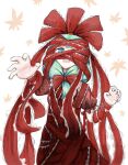  1girl bound bow dress entangled frilled_ribbon frills front_ponytail green_eyes green_hair hair_bow hair_ribbon highres kagiyama_hina leaf looking_at_viewer maple_leaf puffy_short_sleeves puffy_sleeves red_bow red_dress red_ribbon ribbon short_sleeves solo there2007 touhou 