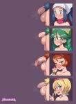  4girls absurdres akari_(pokemon) arezu_(pokemon) artist_name blonde_hair blue_eyes blue_hair breasts brown_eyes develadara female_pubic_hair flaccid foreskin futanari green_eyes green_hair hat highres irida_(pokemon) large_breasts long_hair looking_at_viewer multiple_girls nude open_mouth penis penis_chart phimosis pokemon pokemon_(game) pokemon_legends:_arceus pubic_hair purple_background red_hair sabi_(pokemon) scarf short_hair simple_background small_penis smile testicles uncensored v veins veiny_penis veiny_testicles 