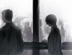  2boys coat facing_away gapamopa glasses greyscale gubo_(project_moon) highres id_card limbus_company long_sleeves looking_outside monochrome multiple_boys project_moon rain umbrella upper_body window yi-sang_(limbus_company) 