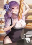  1girl absurdres baguette blurry blurry_background blush braid bread breasts cleavage collarbone commentary_request counter dress electricity flower food genshin_impact hair_ornament heart heart-shaped_pupils highres large_breasts long_hair looking_at_viewer mole mole_under_eye purple_eyes purple_hair raiden_shogun shachiwhitebb side_slit solo symbol-shaped_pupils 
