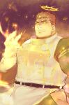  1boy bad_id bad_twitter_id bara black_hair cowboy_shot facial_hair fire flaming_halo flaming_hand from_below halo hand_up highres hip_vent large_pectorals looking_down male_focus mature_male muscular muscular_male pectorals pelvic_curtain po_fu pyrokinesis short_hair solo stubble thick_eyebrows tokyo_afterschool_summoners zabaniyya_(housamo) 