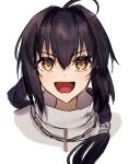  1other :d ahoge androgynous black_hair brown_eyes commentary fate/samurai_remnant fate_(series) high_collar highres izanaware_game japanese_clothes jewelry long_bangs looking_at_viewer necklace open_mouth saber_(fate/samurai_remnant) shirt smile solo white_background white_shirt 