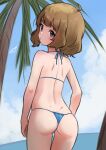  1girl ahoge ass ass_focus bikini blue_bikini blue_eyes blue_sky blush brown_hair c_(theta) closed_mouth cloud commentary_request cowboy_shot day highres idolmaster idolmaster_million_live! looking_at_viewer looking_back medium_hair micro_bikini ocean outdoors palm_tree scapular sidelocks signature sky solo suou_momoko swimsuit thighs tree wavy_hair 