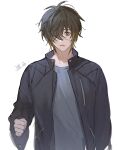  1boy black_hair black_jacket blonde_hair grey_background grey_shirt hair_over_one_eye highres jacket long_sleeves looking_at_viewer male_focus one_eye_covered open_mouth shirt slow_damage solo towa_(slow_damage) yellow_eyes yumi_(honey) 