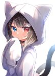  1girl :t animal_ears animal_hood blue_eyes brown_hair cat_ears cat_girl cat_hair_ornament cat_hood cat_tail frown hair_ornament heterochromia highres hood hood_up hoodie indie_virtual_youtuber light_brown_hair long_sleeves looking_at_viewer multicolored_hair multiple_tails nukota_natsuna red_eyes sese_nagi short_hair sleeves_past_fingers sleeves_past_wrists tail transparent_background two-tone_hair two_tails virtual_youtuber white_hoodie 