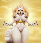  amaterasu_(okami) breasts canid canine canis capcom domestic_dog female fire fur genitals hi_res mammal nipples nude okami_(capcom) pussy solo thejoyfuldragon wolf 