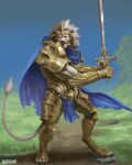  absurd_res anthro armor blue_clothing buckovskiart cape clothing diomedes dnd5e dungeons_and_dragons fantasy felid feline field fur gold_(metal) hair hasbro hi_res lion male male/male mammal melee_weapon muscle_tone muscular orange_eyes outside pantherine solo stormlord sword the weapon white_body white_fur white_hair wizards_of_the_coast 