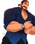  1boy adjusting_clothes bara beard bulge collarbone commission cowboy_shot dark-skinned_male dark_skin earrings facial_hair forearms grin heart highres jewelry large_pectorals leobongnana looking_at_viewer male_focus mature_male medium_hair muscular muscular_male original partially_unbuttoned pectoral_cleavage pectorals ponytail smile solo thick_mustache 