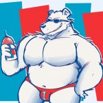 2023 abstract_background anthro bear belly beverage big_pecs bulge clothing container cup eyewear fur geometric_background grin hi_res holding_beverage holding_object icee icee_bear(the_icee_company) janjauwu male mammal musclegut muscular muscular_male navel pecs polar_bear simple_background slightly_chubby smile solo sunglasses underwear ursine white_body white_fur 
