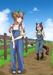  2girls :d alternate_costume alternate_hairstyle animal_ears black_footwear blue_eyes blue_overalls blunt_bangs boots braid brown_hair clenched_hands collared_shirt cow ear_covers fence full_body hair_bun hairband horse_ears horse_girl horse_tail long_hair looking_at_another multicolored_hair multiple_girls orange_hair overalls purple_eyes shino_(ponjiyuusu) shirt shoes short_hair silence_suzuka_(umamusume) smile sneakers special_week_(umamusume) tail two-tone_hair umamusume white_hair white_hairband white_shirt 