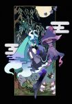  1girl aqua_hair back_cutout bare_shoulders black_thighhighs branch chandelure clothing_cutout commentary detached_arm detached_legs detached_sleeves dreepy duskull english_commentary fire floating full_body full_moon ghost_miku_(project_voltage) glitch grass grey_shirt hair_between_eyes hatsune_miku highres lampent leaf litwick long_hair looking_at_viewer looking_back mismagius moon outdoors pale_skin pokemon pokemon_(creature) project_voltage see-through see-through_skirt shirt shuppet signature skirt sleeves_past_fingers sleeves_past_wrists solo thighhighs tombstone twintails very_long_hair vocaloid will-o&#039;-the-wisp_(mythology) yellow_eyes yotsu_kado 