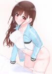  1girl absurdres arm_support blue_jacket blush breasts brown_hair closed_mouth collared_jacket commentary_request female_masturbation highres idolmaster idolmaster_shiny_colors jacket large_breasts leaning_forward legs_together long_hair long_sleeves looking_at_viewer masturbation multicolored_clothes multicolored_jacket no_pants open_clothes open_jacket panties panty_pull red_eyes shirt sleeve_cuffs solo sonoda_chiyoko standing sweat thighs tutinako two-tone_jacket underwear unzipped white_jacket white_panties white_shirt 