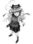  1girl bow epaulettes footwear_bow frilled_hat frills from_above full_body greyscale hat highres long_sleeves monochrome open_mouth pointing pointing_at_viewer ribbon-trimmed_skirt ribbon_trim rod_of_remorse shiki_eiki shirt shoes simple_background single_sock skirt socks solo touhou turtle-kun 