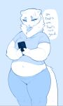 abdominal_bulge anthro bottomwear breasts cellphone clothing dialogue female hi_res mammal midriff neck_tuft overweight overweight_anthro overweight_female pants phone solo speech_bubble tuft whorgi yoga_pants 