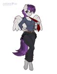  2023 absurd_res anthro barefoot bottomwear breasts clothing collarbone dandy_(artist) equid equine eyebrows eyelashes eyewear fan_character feathered_wings feathers feet female glasses grey_body hair hand_on_hip hasbro hi_res inner_ear_fluff looking_at_viewer mammal my_little_pony pants pegasus purple_eyes purple_hair shirt short_hair smile solo topwear tuft unguligrade_anthro wings 