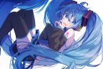  1girl absurdly_long_hair aqua_nails aqua_necktie bare_shoulders black_skirt black_sleeves black_thighhighs blue_eyes blue_hair detached_sleeves feet_out_of_frame grey_shirt hair_ornament hatsune_miku headphones headset heart heart_in_eye highres knees_up long_hair looking_at_viewer nail_polish necktie nuko_0108 open_mouth own_hands_together shirt shoulder_tattoo skirt sleeveless sleeveless_shirt smile solo symbol_in_eye tattoo thighhighs twintails very_long_hair vocaloid zettai_ryouiki 