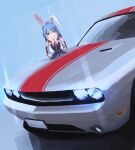  1girl animal_ears apollos_ars blue_background blue_hair car closed_mouth dodge_(company) dodge_challenger hands_on_own_cheeks hands_on_own_face highres license_plate long_hair looking_at_viewer motor_vehicle muscle_car original purple_eyes rabbit_ears simple_background smile solo 