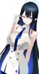 1girl absurdres black_bra black_hair blue_archive blue_eyes blue_hair blue_necktie bra bra_visible_through_clothes breasts colored_inner_hair dress glasses gloves halo highres k_hottok large_breasts long_hair looking_at_viewer multicolored_hair necktie pointy_ears rin_(blue_archive) simple_background sleeveless sleeveless_dress solo straight_hair sweatdrop sweaty_clothes two-tone_hair underwear very_long_hair wet wet_clothes white_background white_dress white_gloves 