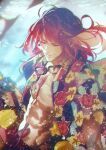  1boy closed_eyes fate/grand_order fate_(series) fish goggles goggles_around_neck hawaiian_shirt long_hair morii_shizuki nipples official_alternate_costume official_art open_clothes open_shirt red_hair shirt tristan_(fate) underwater 