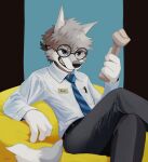  4_fingers anthro awwchang biped bottomwear canid canine canis clothed clothing countershade_face countershade_fur countershading dipstick_tail domestic_dog eyebrows eyewear fingers fur glasses grey_body grey_fur grey_hair hair hi_res kemono male mammal markings necktie pants shirt smile solo tail tail_markings topwear 