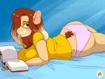  4:3 anthro asiri_manami_(lomidepuzlo) bed big_butt blush breasts butt caviid clothing eyewear female furboz furniture glasses guinea_pig hair hair_over_eye hi_res highlights_(coloring) lying mammal neck_tuft on_front one_eye_obstructed panties reading red_hair rodent shirt solo t-shirt topwear tuft underwear 