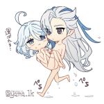  1boy 1girl ahoge blue_eyes blue_hair blush carrying chibi completely_nude furina_(genshin_impact) genshin_impact grey_hair hair_between_eyes hetero long_hair mismatched_pupils neuvillette_(genshin_impact) nude princess_carry purple_eyes simple_background sweat translation_request twitter_username very_long_hair water white_background yama_1k 