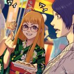  1boy 1girl 5tatsu ahoge blue_hair blunt_bangs festival floral_print food glasses green_kimono grey_kimono grin highres holding holding_food japanese_clothes kimono kitagawa_yuusuke long_hair obi open_mouth orange_eyes persona persona_5 purple_eyes sakura_futaba sash short_hair sidelocks smile straight_hair swept_bangs teeth upper_body wide-eyed 