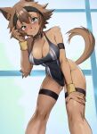  arm_tuft black_collar blush brown_body brown_fur brown_hair camel_toe closed_smile clothed clothing collar elbow_tuft female front_view fur glistening glistening_eyes hair hi_res humanoid leaning leaning_forward looking_at_viewer mouth_closed portrait shermugi shoulder_tuft smile solo standing swimwear three-quarter_portrait tuft 