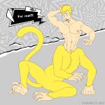  abs after_transformation animal_humanoid atlus blonde_hair body_hair clothing dialogue frankly-art fur graphic_tee hair hand_feet hand_on_head handpaw haplorhine happy_trail humanoid humanoid_taur implied_transformation male mammal mammal_humanoid megami_tensei megami_tensei_persona midriff monkey monkey_humanoid monkey_taur muscular muscular_male navel nipples nude open_mouth paws pecs primate primate_humanoid primate_taur ryuji_sakamoto sega shirt shocked shocked_expression shocked_face solo speech_bubble t-shirt tail taur text topwear yellow_body yellow_fur 